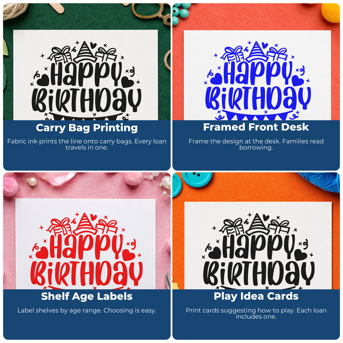 Four ways to use the Pre-Inked Birthday Gifts Hat Bunting Confetti Stamp – PSI: carry bag printing, framed front desk, shelf age labels and play idea cards.