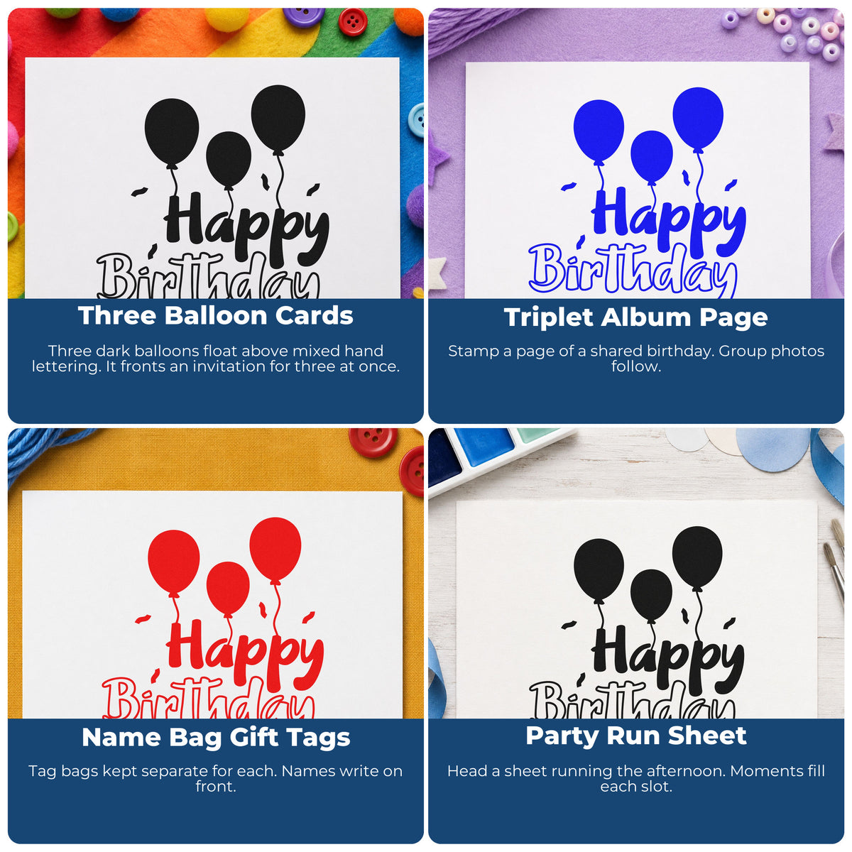 Four ways to use the Birthday Three Solid Balloons Premium Wooden Stamp - Vintage Pro: three balloon cards, triplet album page, name bag gift tags and party run sheet.