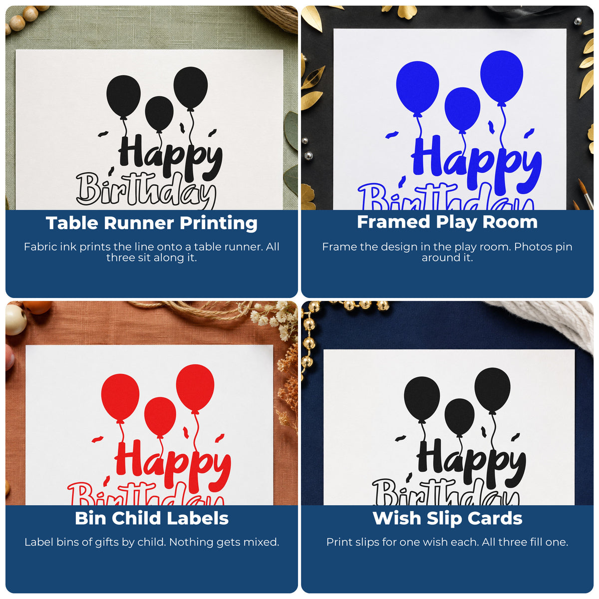 Four ways to use the Birthday Three Solid Balloons Premium Wooden Stamp - Vintage Pro: table runner printing, framed play room, bin child labels and wish slip cards.
