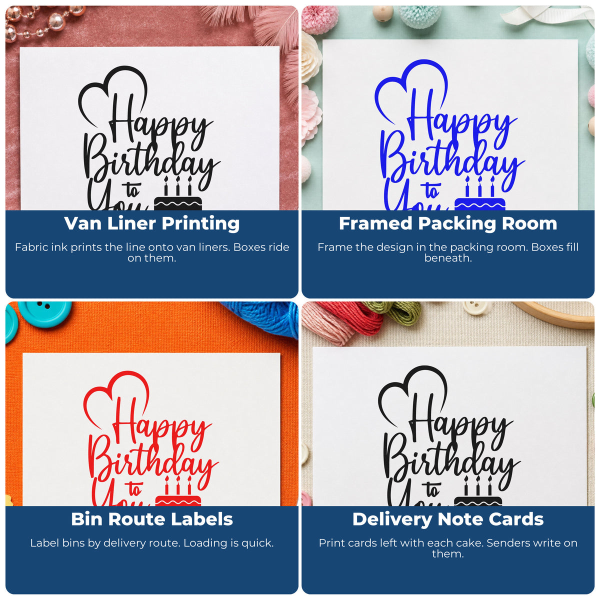 Four ways to use the PSI Pre-Inked Birthday To You Cake Candles Stamp: van liner printing, framed packing room, bin route labels and delivery note cards.