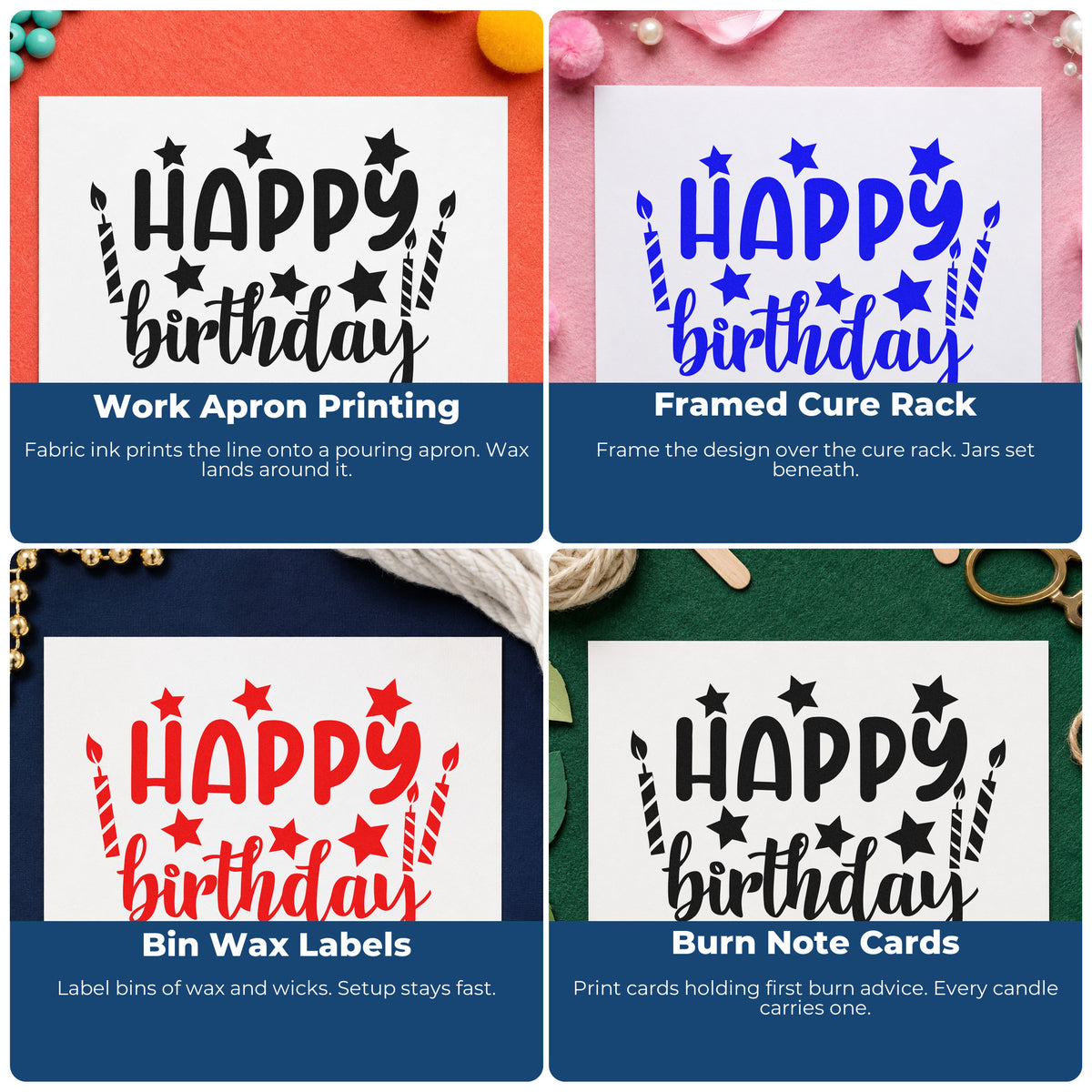 Four ways to use the Slim Pre-Inked Birthday Wishes With Stars And Two Candles Stamp: work apron printing, framed cure rack, bin wax labels and burn note cards.