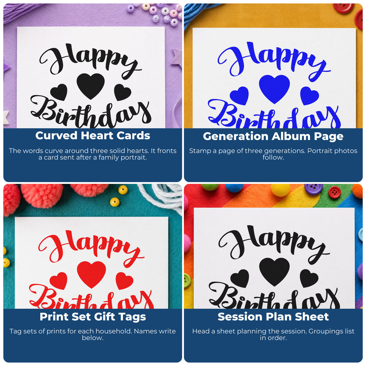 Four ways to use the Happy Birthday Three Hearts Pre-Inked Stamp – Slim: curved heart cards, generation album page, print set gift tags and session plan sheet.