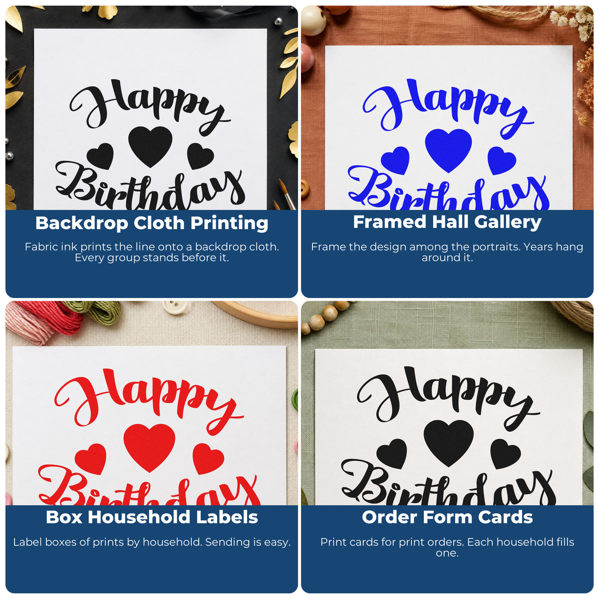 Four ways to use the Happy Birthday Three Hearts Premium Wooden Stamp - Vintage Pro: backdrop cloth printing, framed hall gallery, box household labels and order form cards.