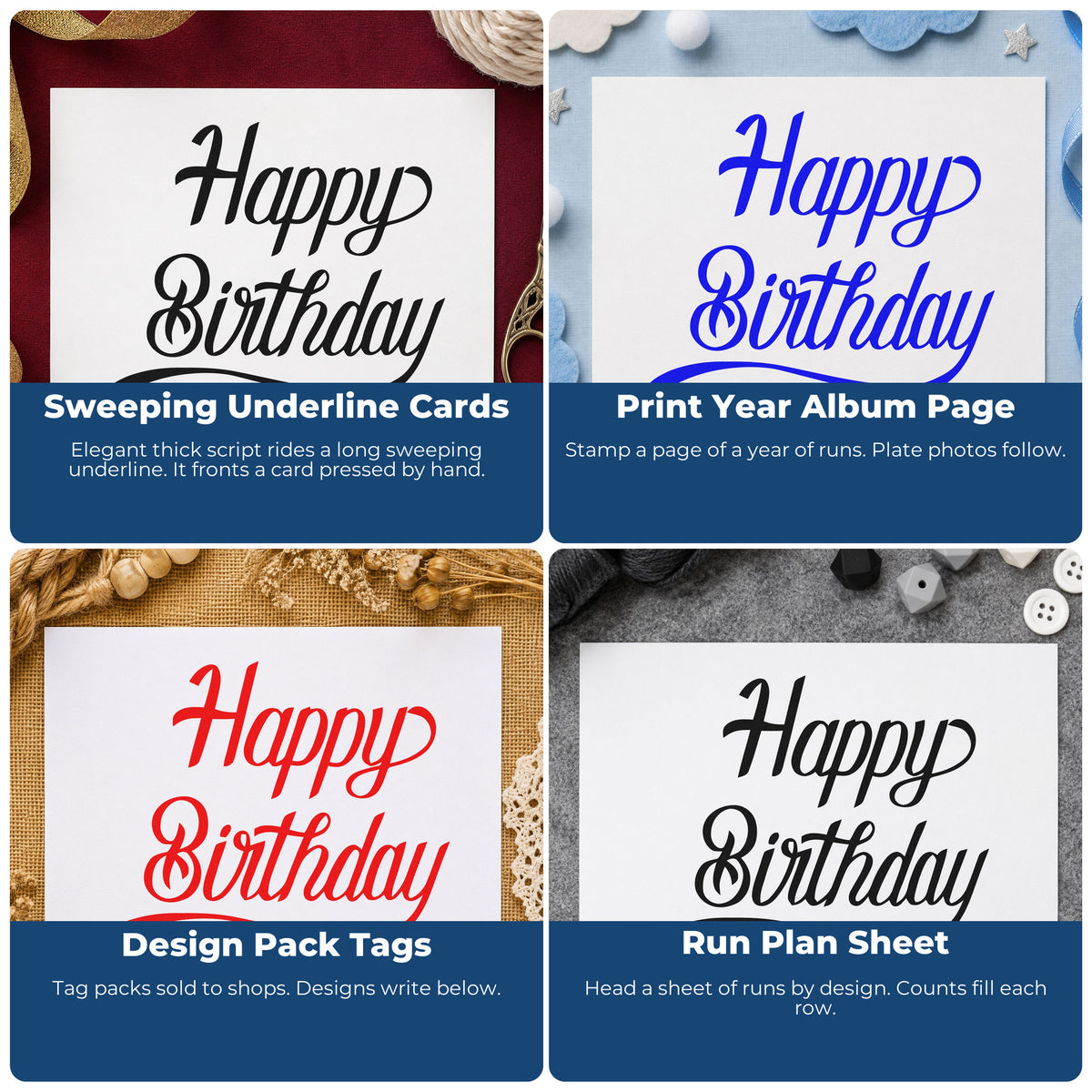 Four ways to use the Happy Birthday Long Underline Script Lettering Stamp – Slim Pre-Inked: sweeping underline cards, print year album page, design pack tags and run plan sheet.