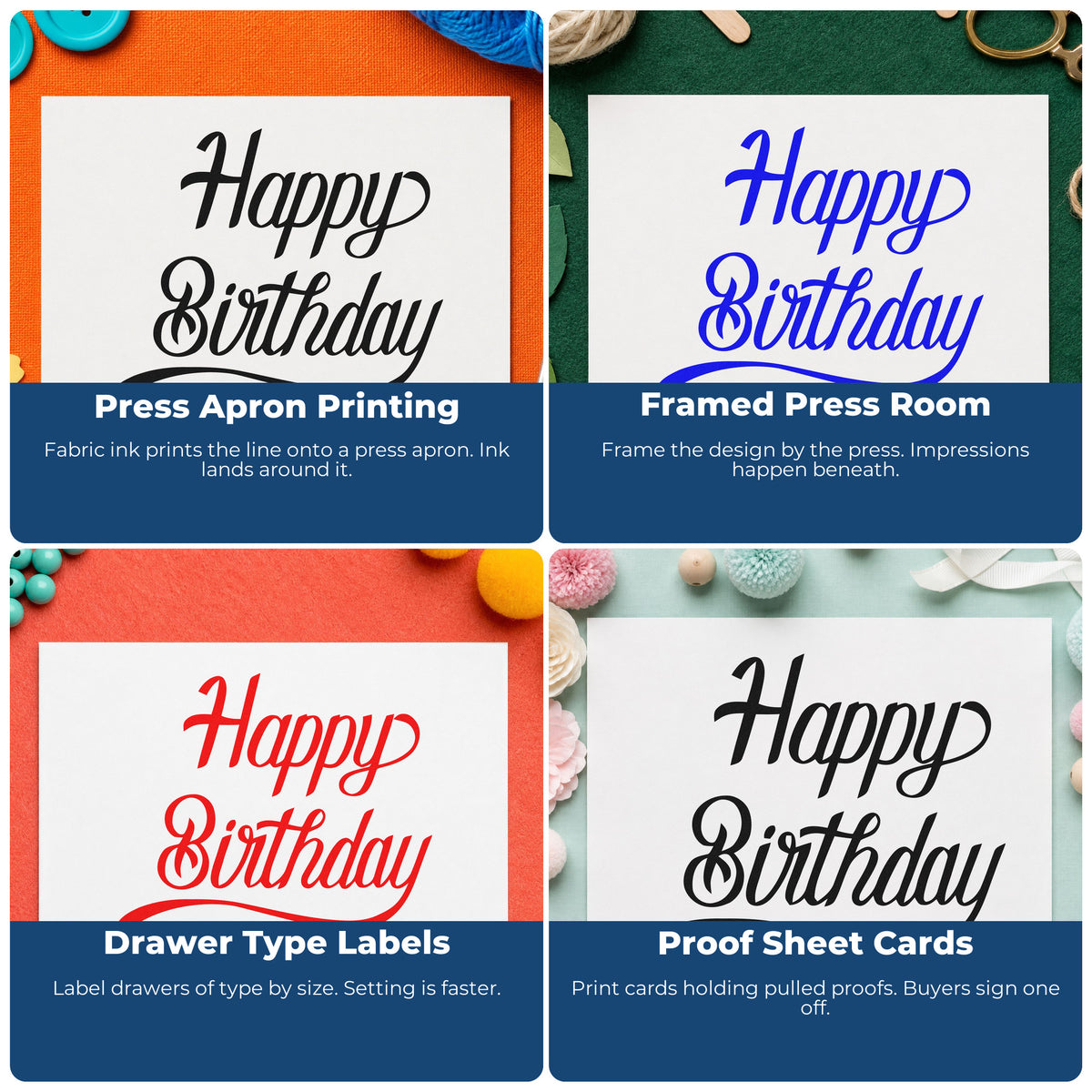 Four ways to use the Premium Wooden Happy Birthday Long Underline Script Lettering Stamp - Vintage Pro: press apron printing, framed press room, drawer type labels and proof sheet cards.