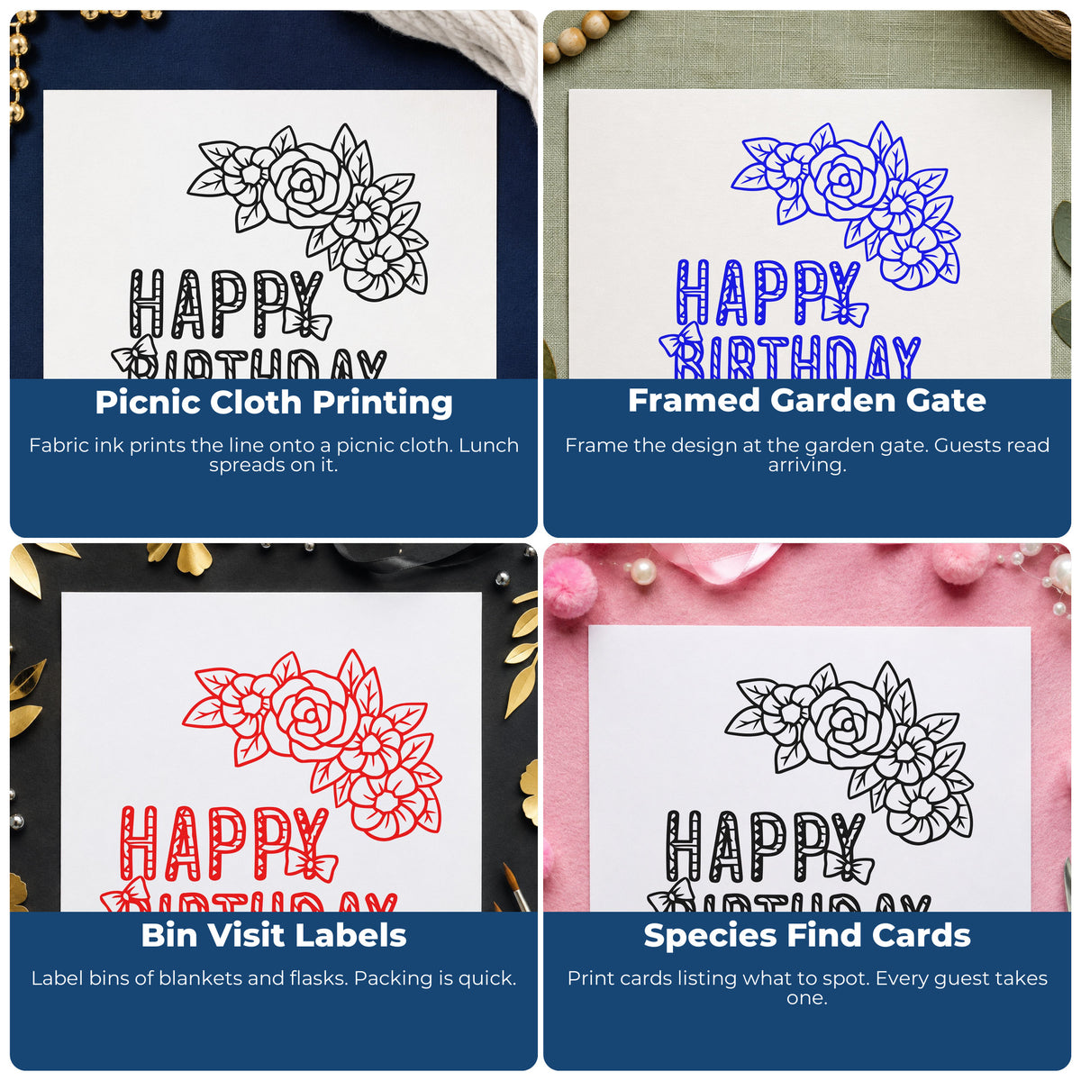 Four ways to use the Butterfly And Flower Birthday Greeting Wood Handle Stamp: picnic cloth printing, framed garden gate, bin visit labels and species find cards.