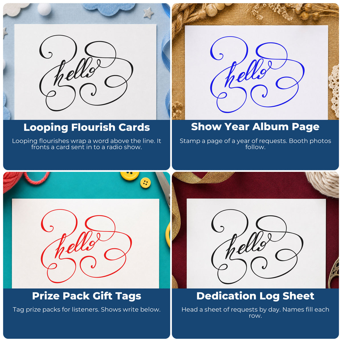 Four ways to use the Vintage Pro Hello Your Birthday Swirls Premium Wooden Stamp: looping flourish cards, show year album page, prize pack gift tags and dedication log sheet.