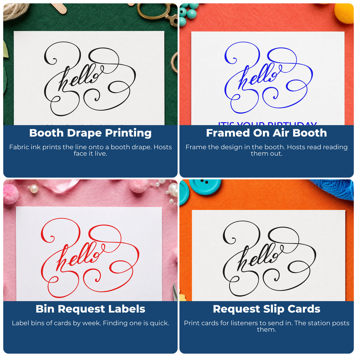 Four ways to use the Vintage Pro Hello Your Birthday Swirls Premium Wooden Stamp: booth drape printing, framed on air booth, bin request labels and request slip cards.
