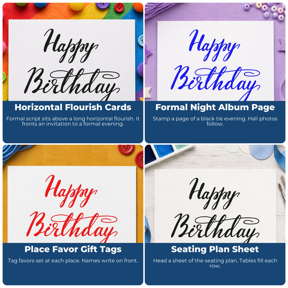 Four ways to use the Happy Birthday Rubber Stamp – Wood Handle: horizontal flourish cards, formal night album page, place favor gift tags and seating plan sheet.