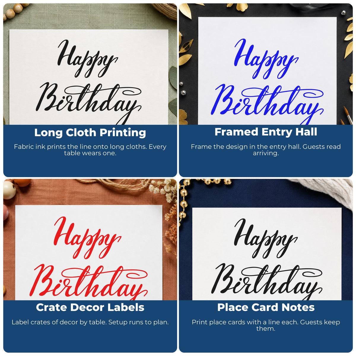 Four ways to use the Happy Birthday Stamp – Self-Inking: long cloth printing, framed entry hall, crate decor labels and place card notes.