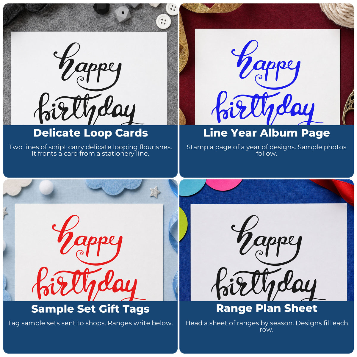 Four ways to use the Happy Birthday Script Lettering Pre-Inked Stamp – Slim: delicate loop cards, line year album page, sample set gift tags and range plan sheet.
