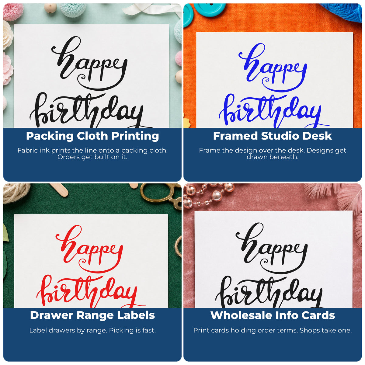 Four ways to use the Happy Birthday Script Lettering Stamp – Self-Inking: packing cloth printing, framed studio desk, drawer range labels and wholesale info cards.