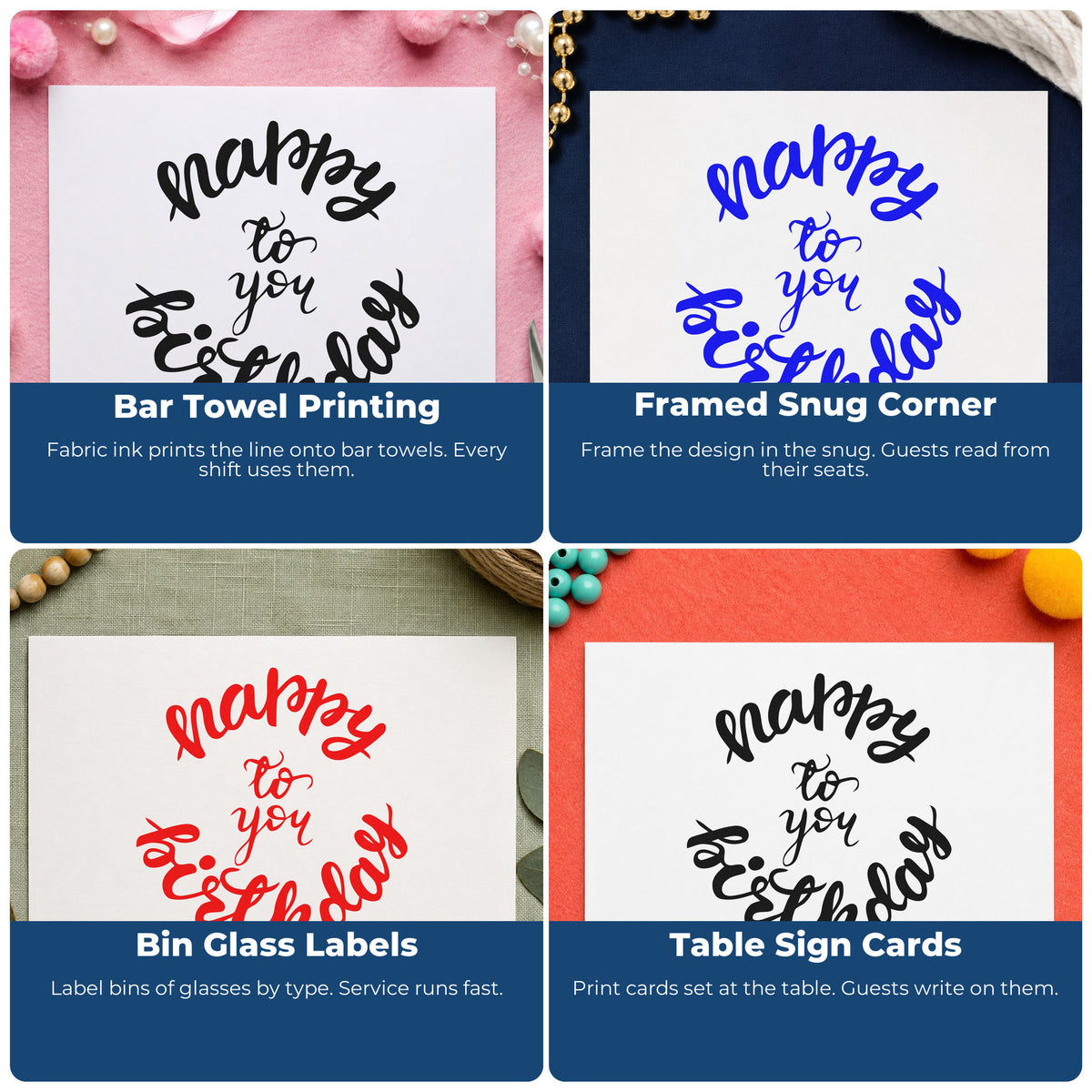 Four ways to use the Birthday To You Curved Lettering Wood Handle Stamp: bar towel printing, framed snug corner, bin glass labels and table sign cards.