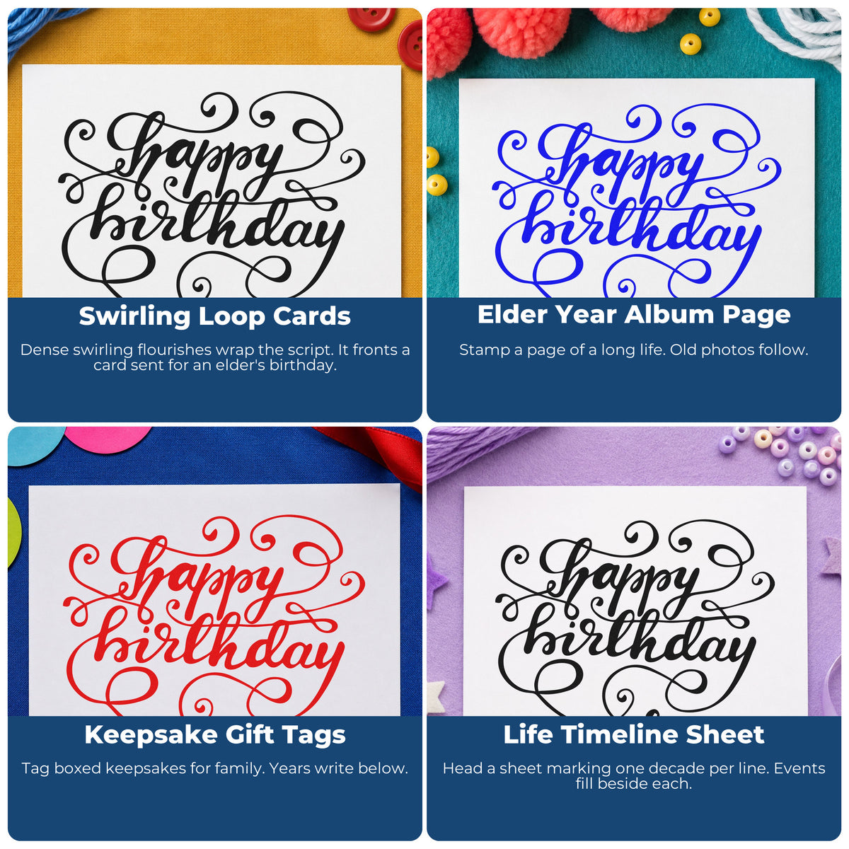 Four ways to use the Happy Birthday Ornate Loops Lettering Flourish Rubber Stamp – Wood Handle: swirling loop cards, elder year album page, keepsake gift tags and life timeline sheet.