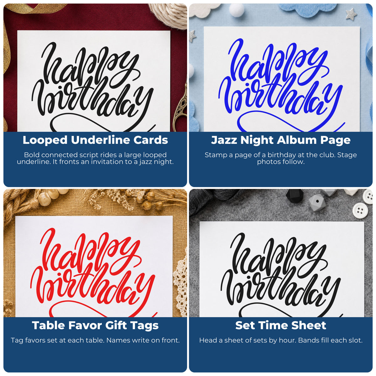 Four ways to use the Happy Birthday Loop Underline Script Lettering Rubber Stamp – Duo Hand: looped underline cards, jazz night album page, table favor gift tags and set time sheet.