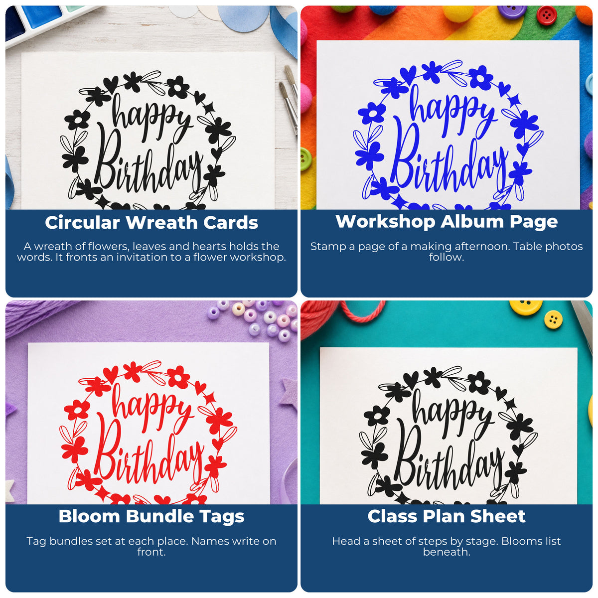 Four ways to use the Birthday Flower Heart Wreath Premium Wooden Stamp - Vintage Pro: circular wreath cards, workshop album page, bloom bundle tags and class plan sheet.