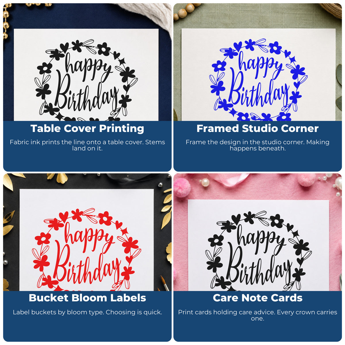 Four ways to use the Birthday Flower Heart Wreath Premium Wooden Stamp - Vintage Pro: table cover printing, framed studio corner, bucket bloom labels and care note cards.