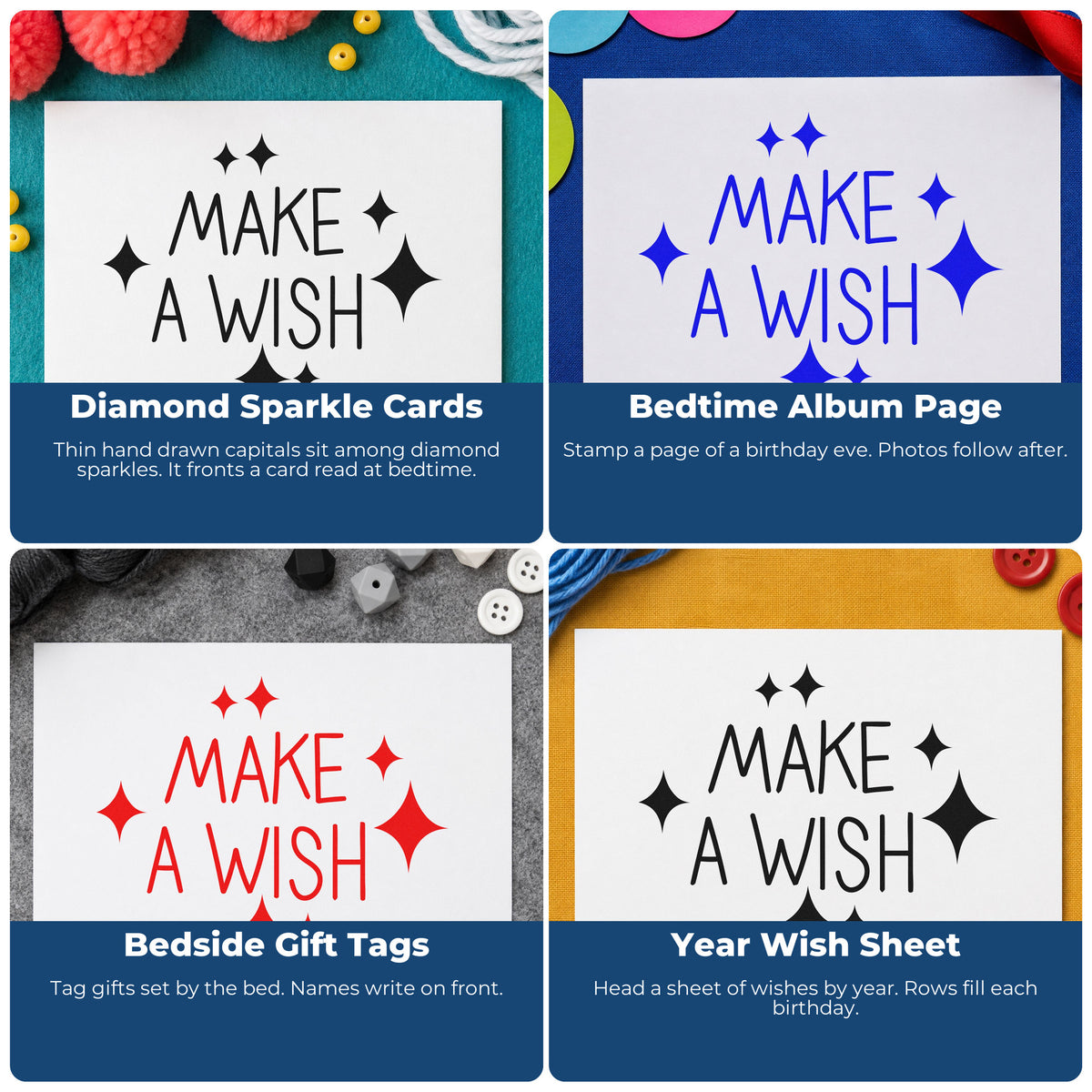 Four ways to use the Make A Wish Sparkles Stamp – Wood Handle: diamond sparkle cards, bedtime album page, bedside gift tags and year wish sheet.