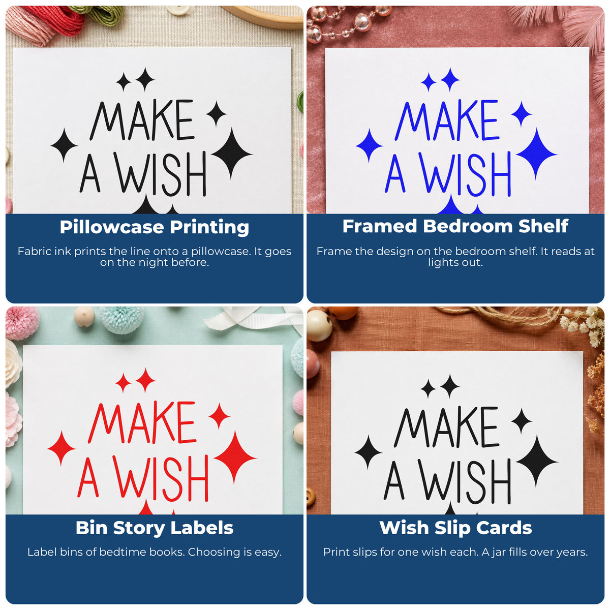 Four ways to use the Make A Wish Sparkles Compact Pre-Inked Stamp – Slim: pillowcase printing, framed bedroom shelf, bin story labels and wish slip cards.