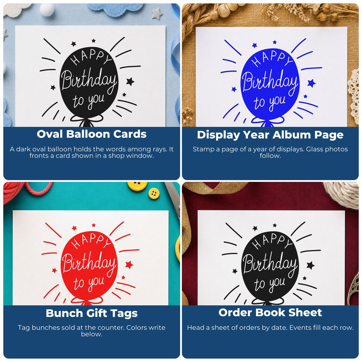 Four ways to use the Birthday To You Balloon With Stars Duo Hand Stamp: oval balloon cards, display year album page, bunch gift tags and order book sheet.