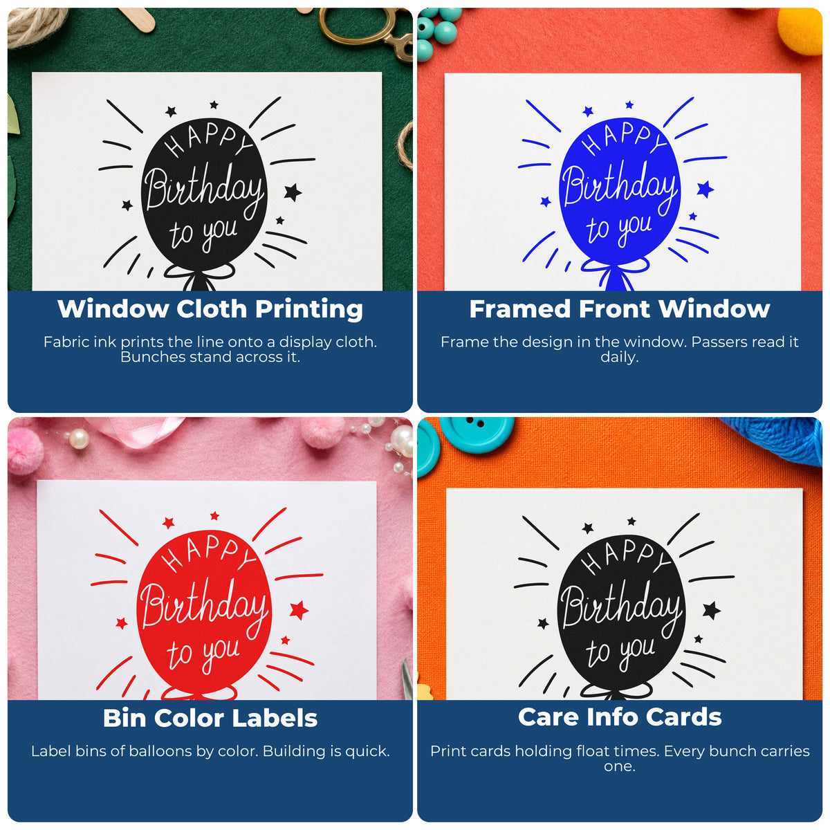 Four ways to use the Birthday To You Balloon With Stars Duo Hand Stamp: window cloth printing, framed front window, bin color labels and care info cards.