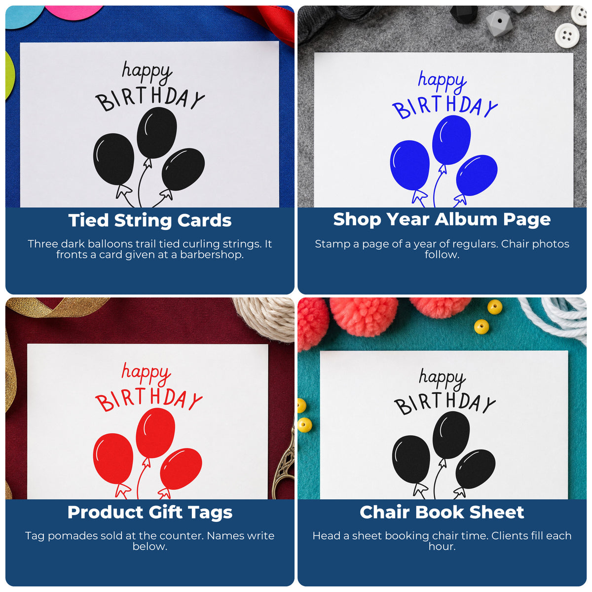Four ways to use the Birthday Three Balloon Bouquet Self-Inking Stamp: tied string cards, shop year album page, product gift tags and chair book sheet.