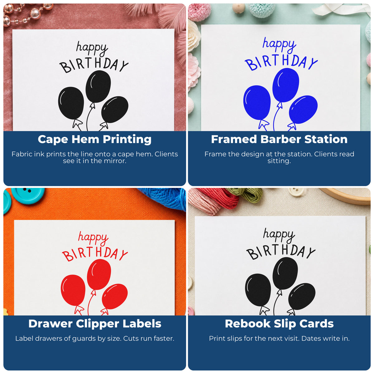 Four ways to use the Premium Wooden Birthday Three Balloon Bouquet Stamp - Vintage Pro: cape hem printing, framed barber station, drawer clipper labels and rebook slip cards.