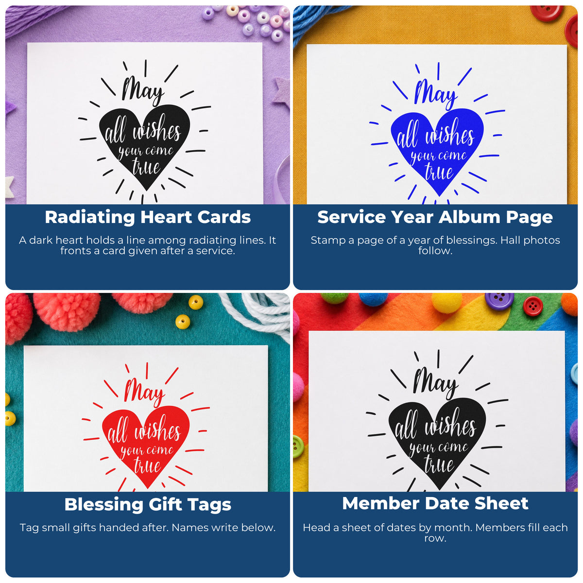 Four ways to use the Wish Lettering Radiant Heart Stamp - Premium Vintage Pro Wooden: radiating heart cards, service year album page, blessing gift tags and member date sheet.