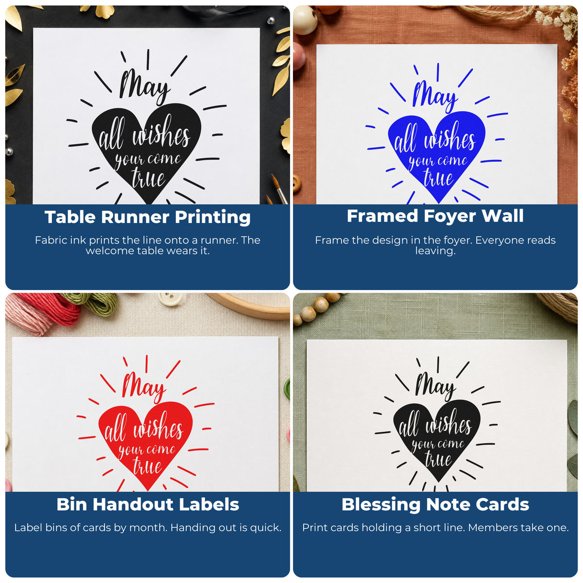 Four ways to use the Wish Lettering Radiant Heart Stamp - Premium Vintage Pro Wooden: table runner printing, framed foyer wall, bin handout labels and blessing note cards.