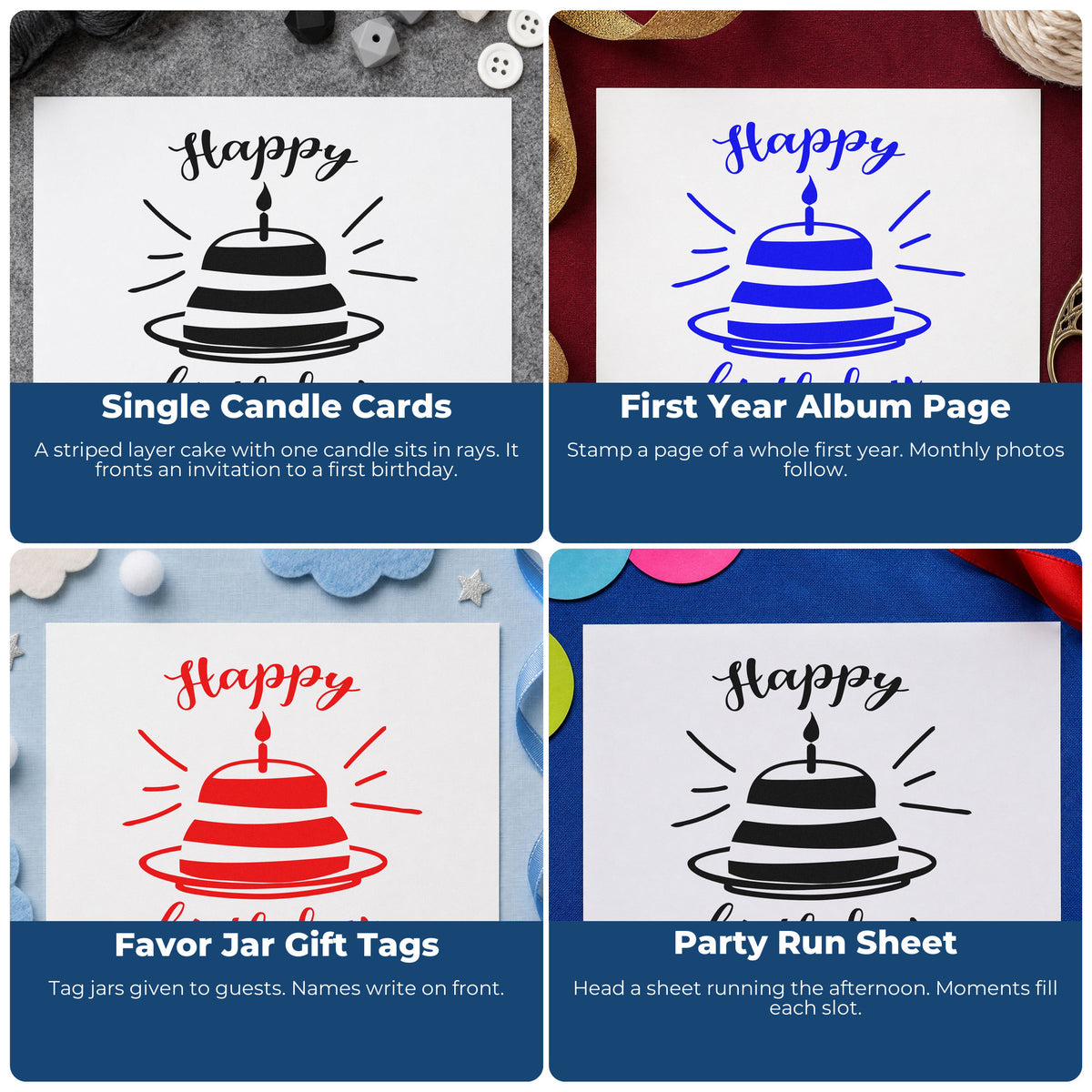 Four ways to use the Happy Birthday Cake Rays Stamp – PSI Pre-Inked: single candle cards, first year album page, favor jar gift tags and party run sheet.