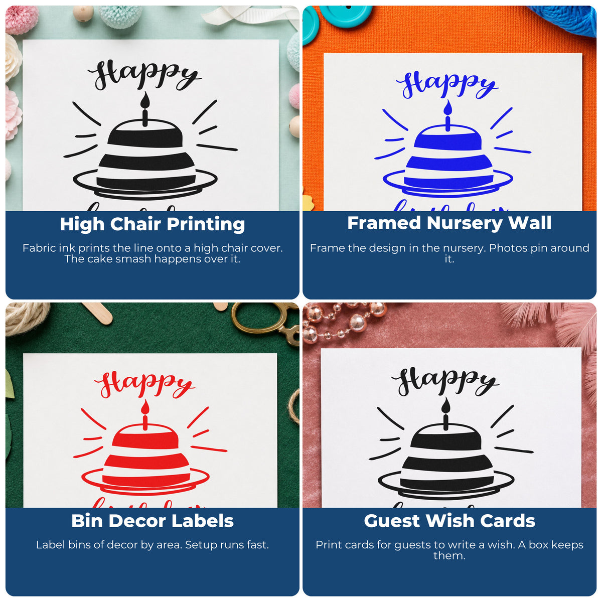 Four ways to use the Happy Birthday Cake Rays Stamp – PSI Pre-Inked: high chair printing, framed nursery wall, bin decor labels and guest wish cards.