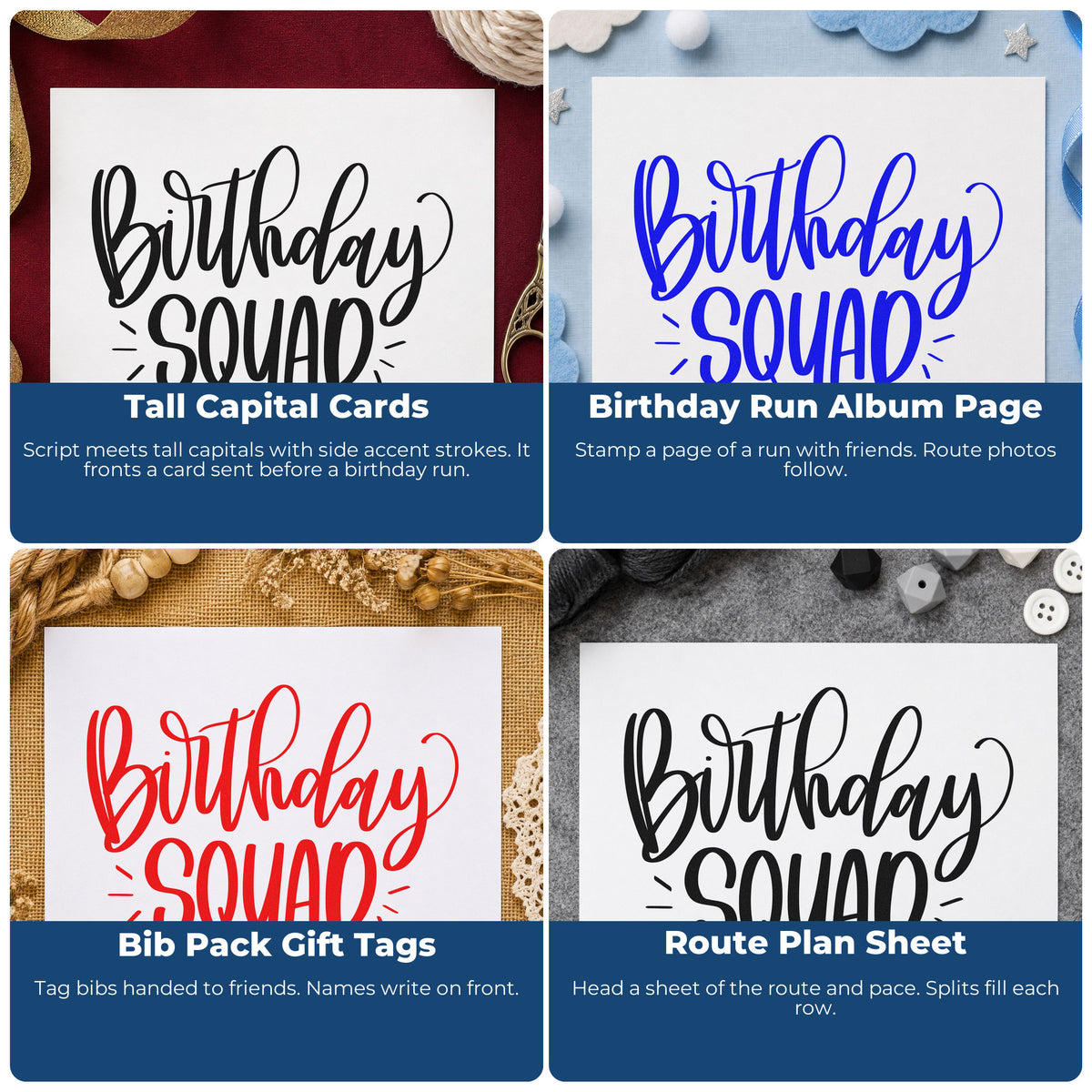 Four ways to use the Birthday Squad Accent Word Art Rubber Stamp – Wood Handle: tall capital cards, birthday run album page, bib pack gift tags and route plan sheet.