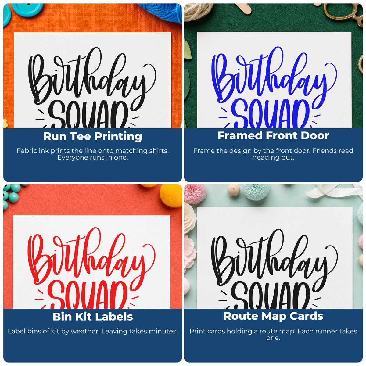 Four ways to use the Birthday Squad Accent Word Art Rubber Stamp – Wood Handle: run tee printing, framed front door, bin kit labels and route map cards.