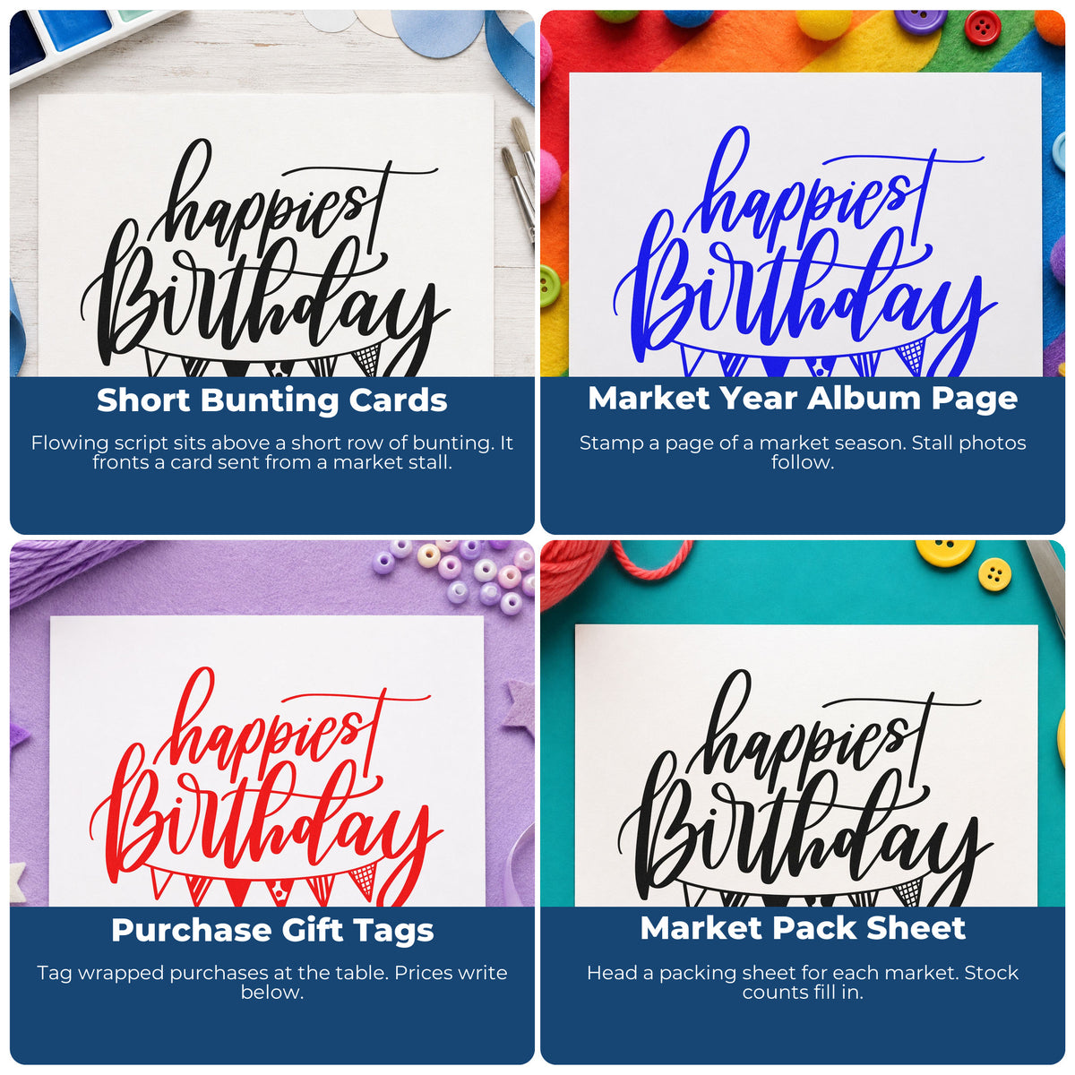 Four ways to use the Happiest Birthday Pennant Bunting Premium Wood-Mounted Stamp - Vintage Pro: short bunting cards, market year album page, purchase gift tags and market pack sheet.