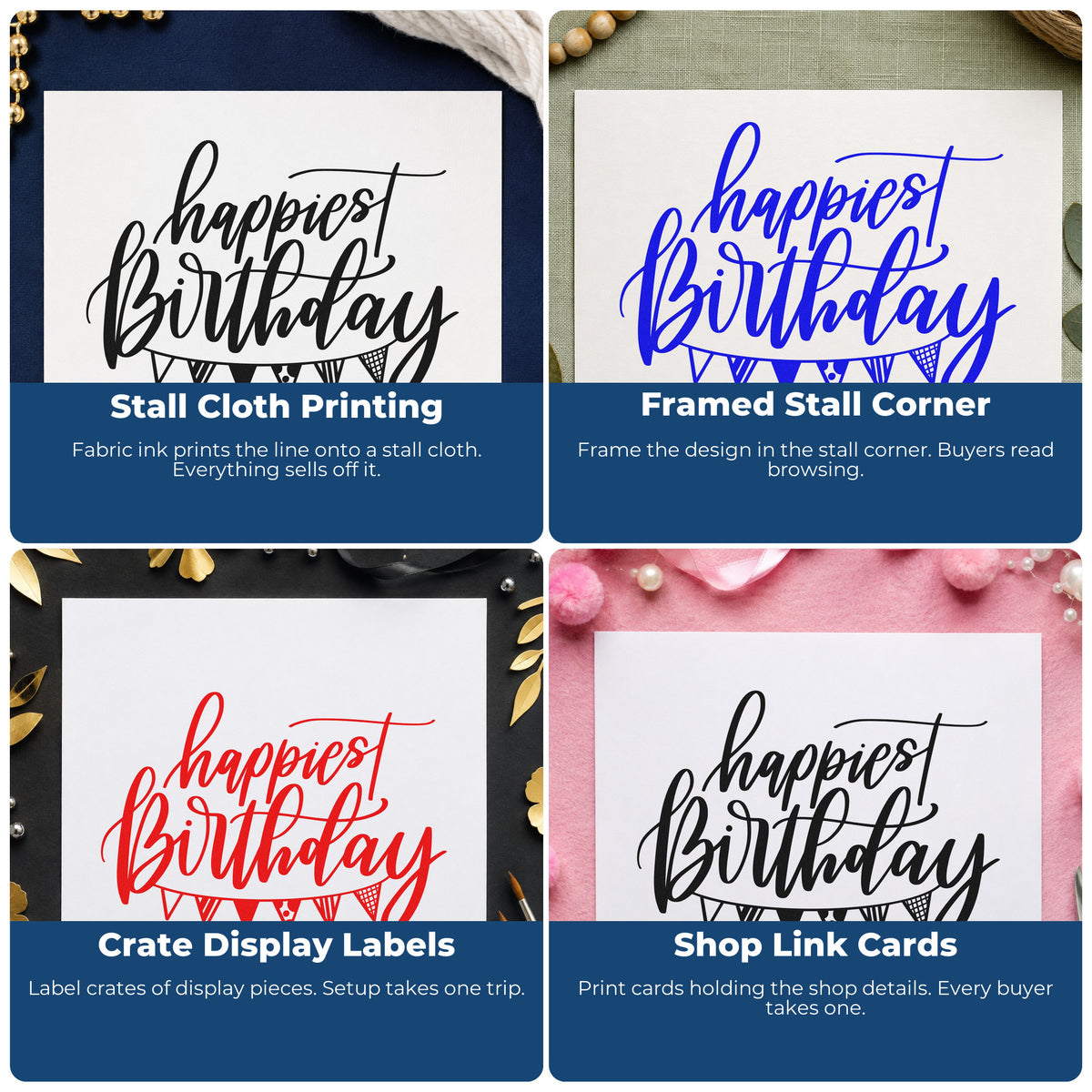 Four ways to use the Happiest Birthday Pennant Bunting Premium Wood-Mounted Stamp - Vintage Pro: stall cloth printing, framed stall corner, crate display labels and shop link cards.