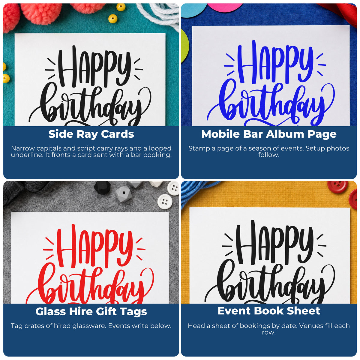 Four ways to use the Premium Wooden Happy Birthday Loop Flourished Lettering Stamp - Vintage Pro: side ray cards, mobile bar album page, glass hire gift tags and event book sheet.