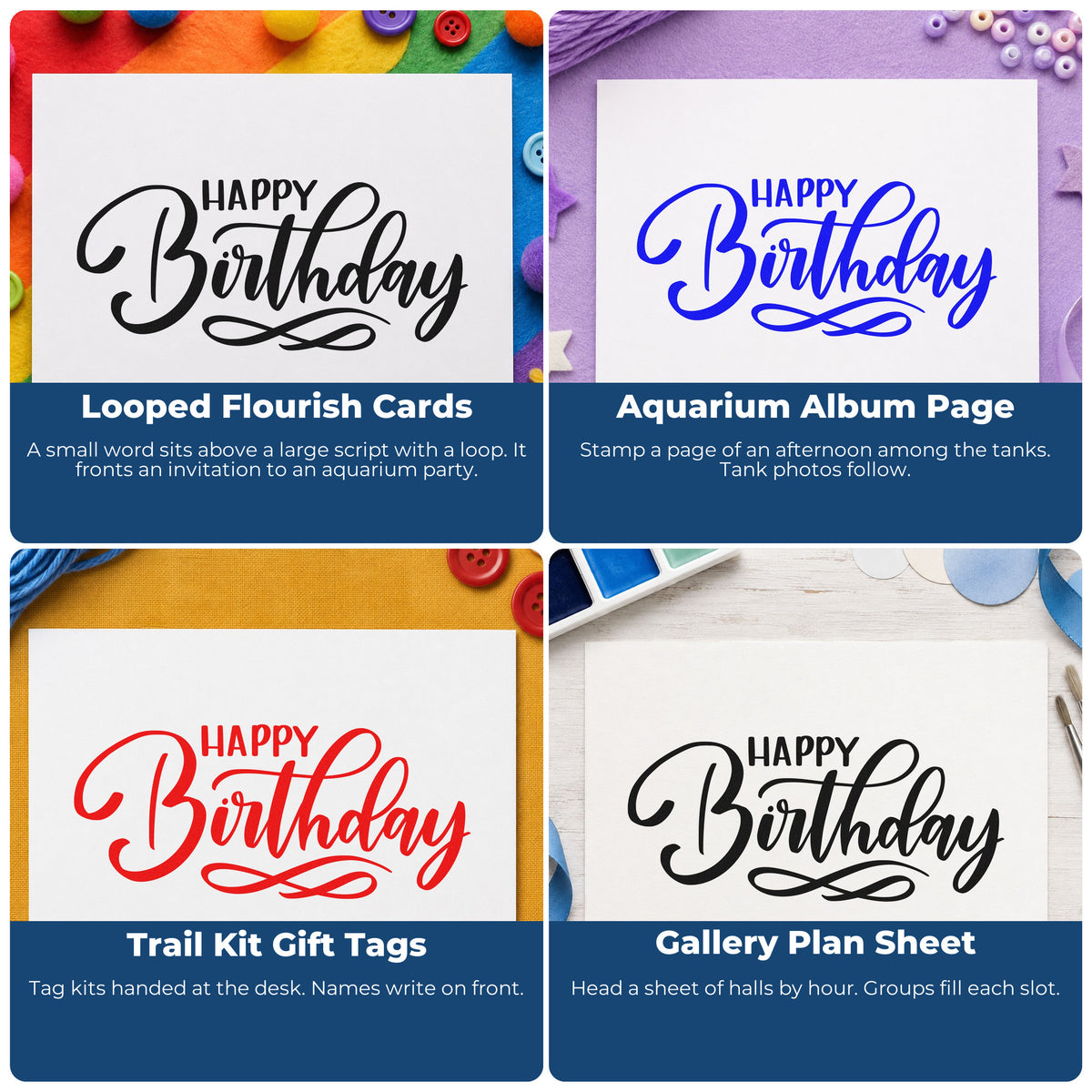 Four ways to use the Happy Birthday Infinity Flourished Lettering Hand Stamp – Duo: looped flourish cards, aquarium album page, trail kit gift tags and gallery plan sheet.