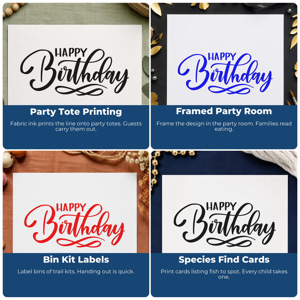 Four ways to use the Happy Birthday Infinity Flourished Lettering Wood-Mounted Rubber Stamp: party tote printing, framed party room, bin kit labels and species find cards.