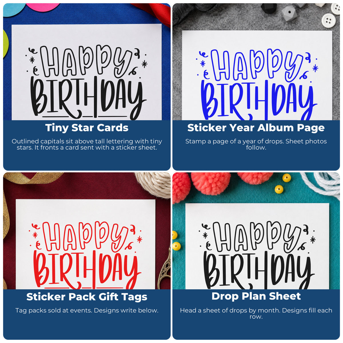 Four ways to use the Vintage Pro Outlined Happy Birthday Confetti Premium Wooden Stamp: tiny star cards, sticker year album page, sticker pack gift tags and drop plan sheet.