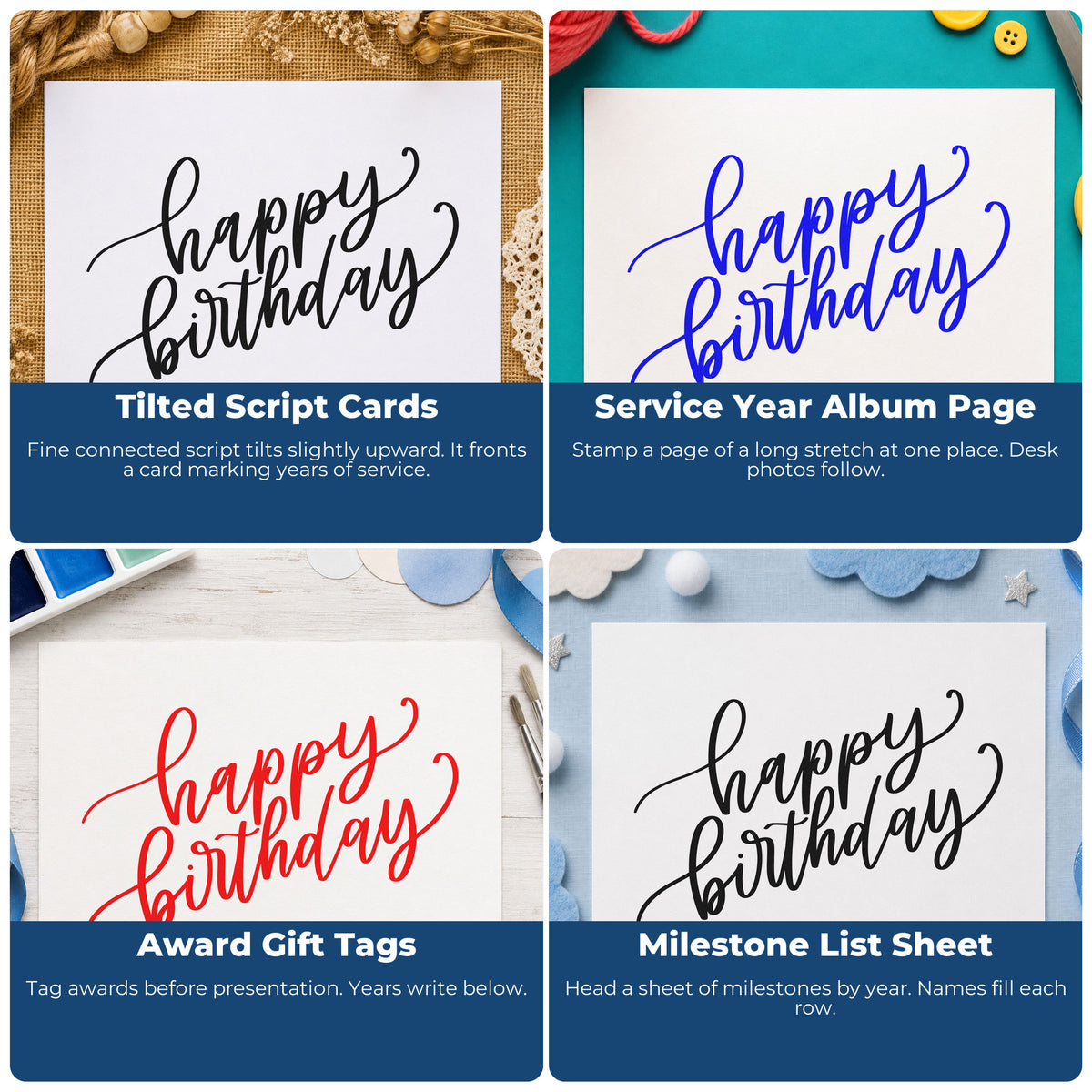 Four ways to use the Fine Diagonal Birthday Greeting Rubber Stamp – Duo Hand: tilted script cards, service year album page, award gift tags and milestone list sheet.