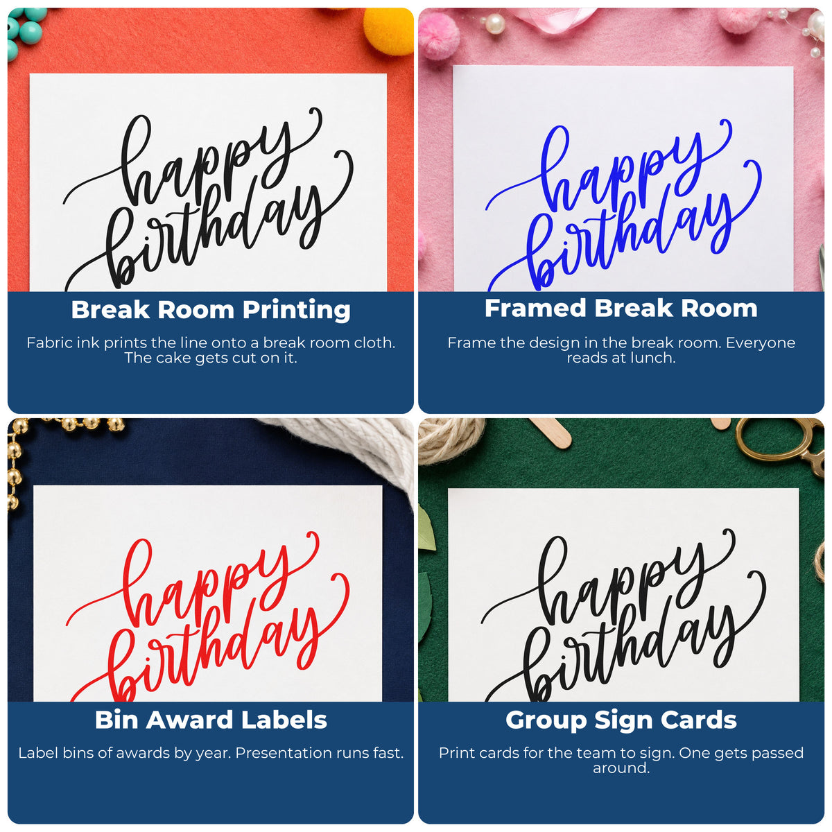 Four ways to use the Fine Diagonal Birthday Greeting Rubber Stamp – Duo Hand: break room printing, framed break room, bin award labels and group sign cards.
