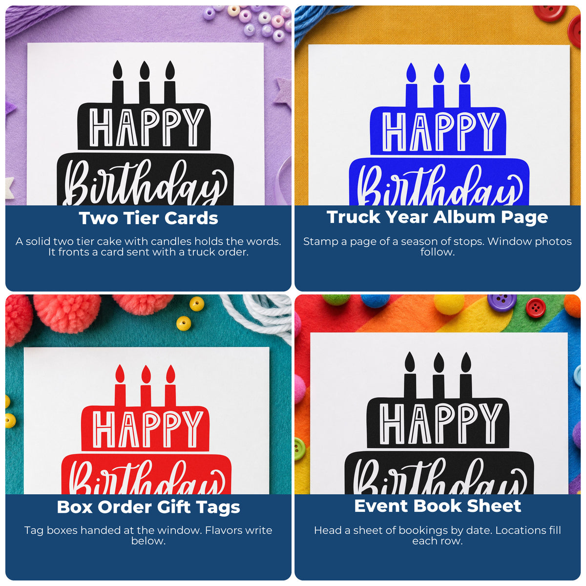 Four ways to use the Duo Hand Happy Birthday Tiered Cake Rubber Stamp: two tier cards, truck year album page, box order gift tags and event book sheet.