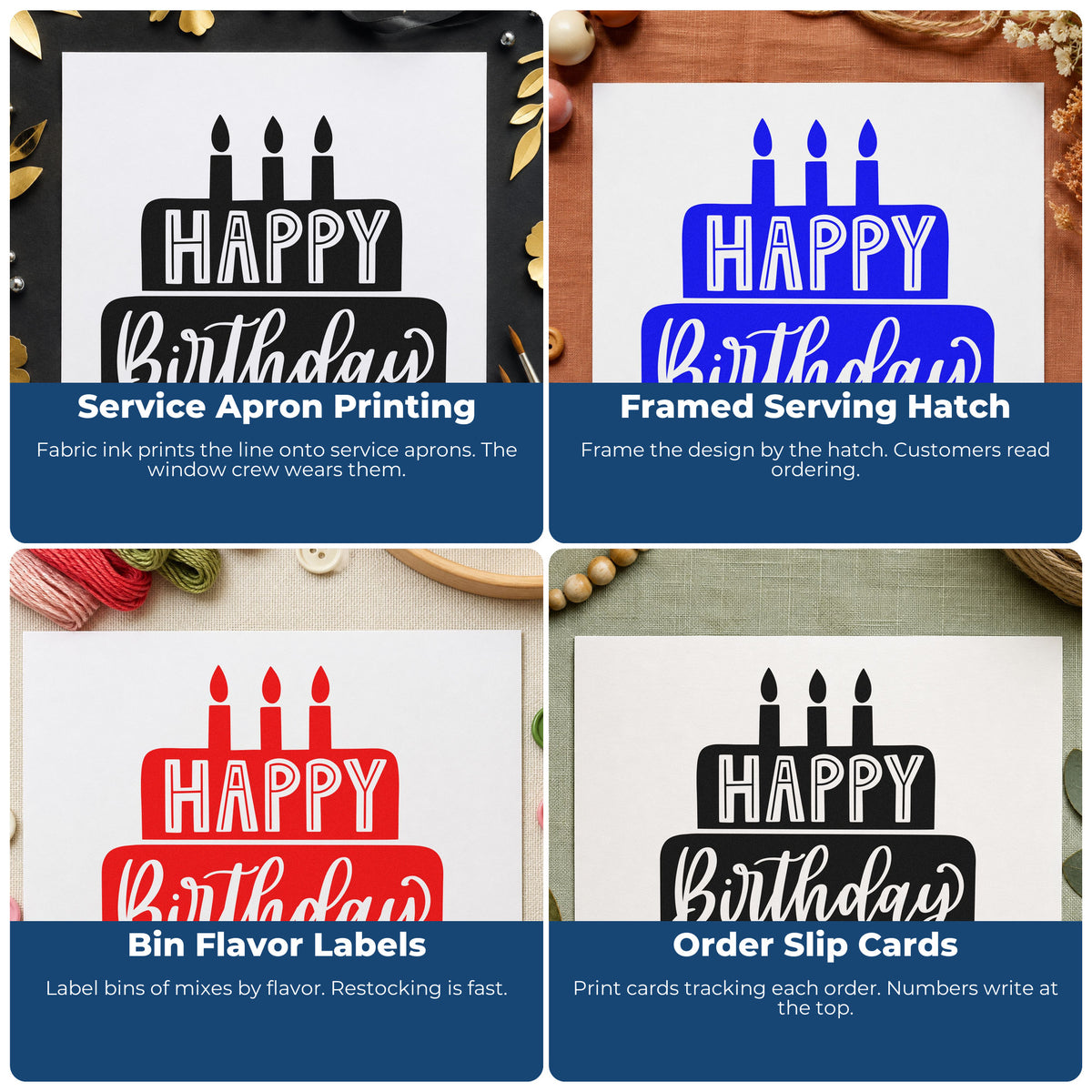 Four ways to use the Happy Birthday Tiered Cake Premium Wooden Stamp - Vintage Pro: service apron printing, framed serving hatch, bin flavor labels and order slip cards.