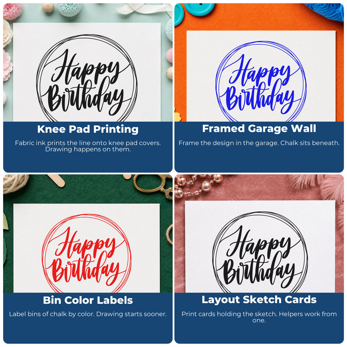 Four ways to use the Happy Birthday Circular Framed Lettering Stamp - Premium Vintage Pro Wooden: knee pad printing, framed garage wall, bin color labels and layout sketch cards.