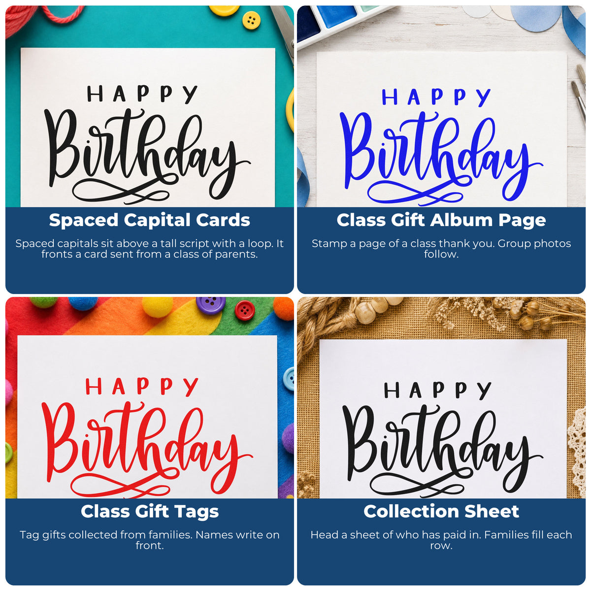 Four ways to use the Tall Birthday Script Loop Flourish Premium Wood-Mounted Stamp - Vintage Pro: spaced capital cards, class gift album page, class gift tags and collection sheet.