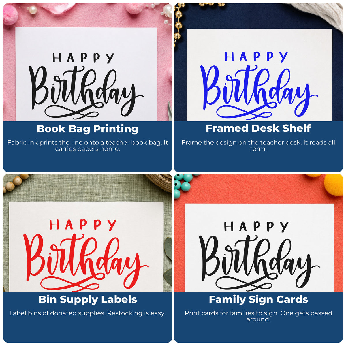 Four ways to use the Tall Birthday Script Loop Flourish Wood Handle Stamp: book bag printing, framed desk shelf, bin supply labels and family sign cards.