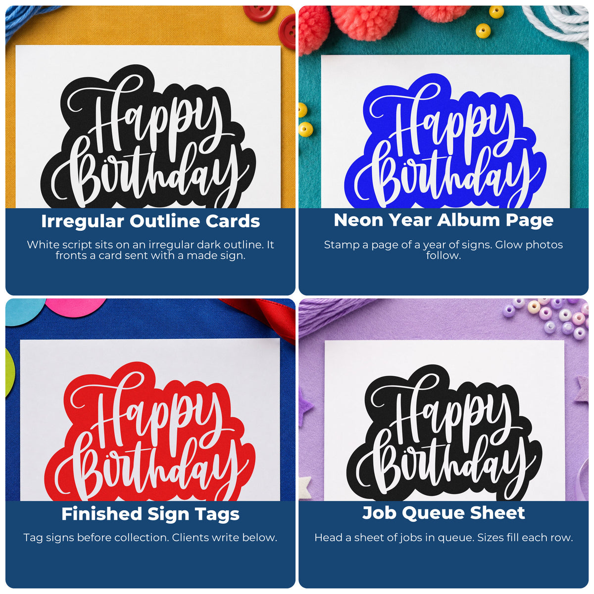 Four ways to use the Pre-Inked Happy Birthday Cutout Script Lettering Stamp – PSI: irregular outline cards, neon year album page, finished sign tags and job queue sheet.