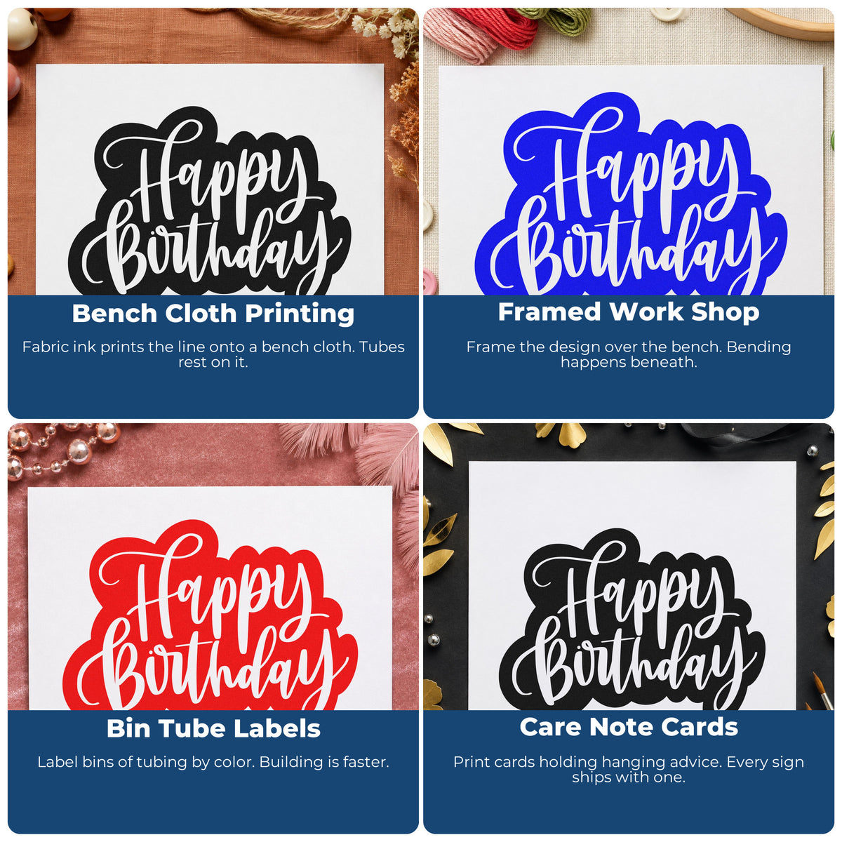 Four ways to use the Happy Birthday Cutout Script Lettering Rubber Stamp – Wood Handle: bench cloth printing, framed work shop, bin tube labels and care note cards.