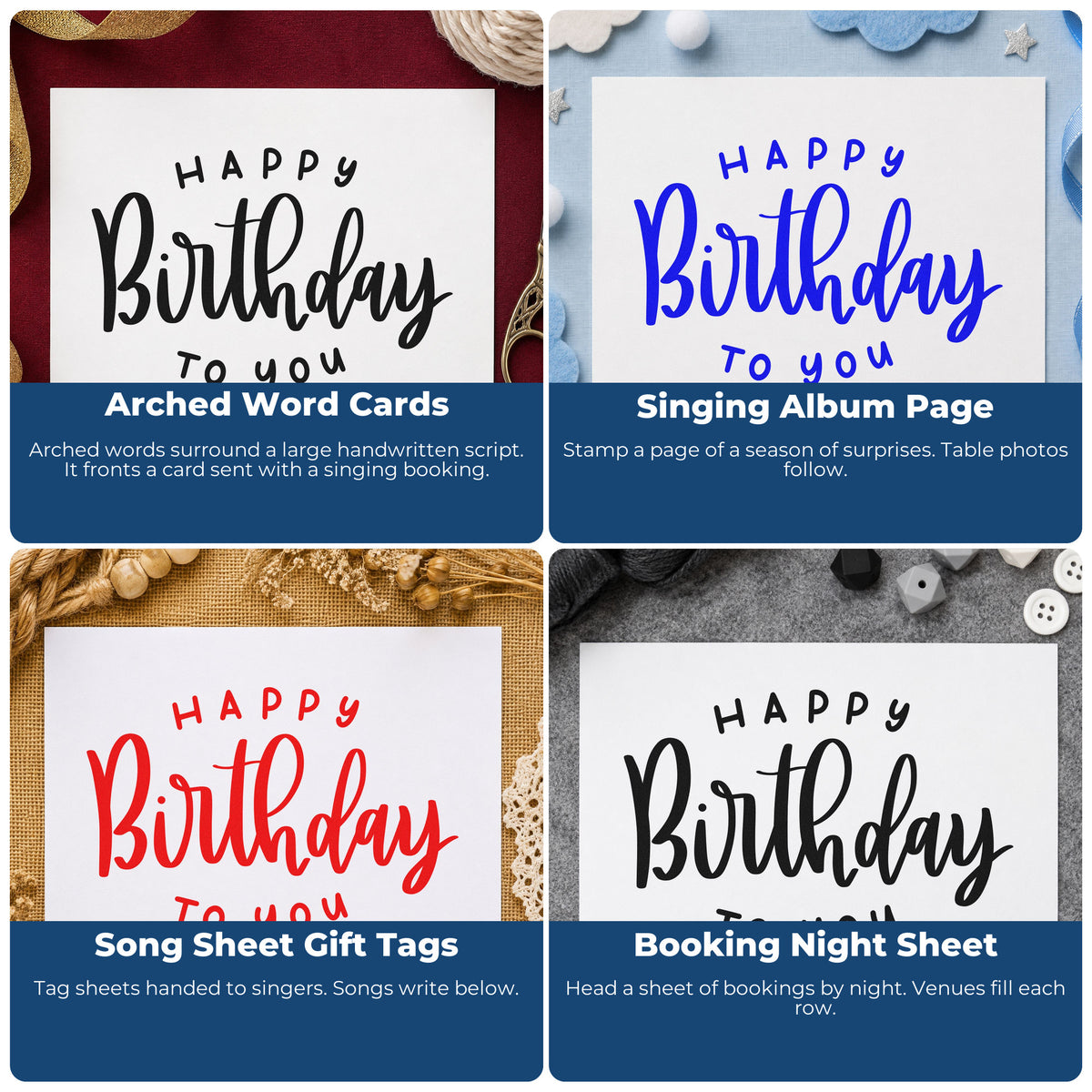 Four ways to use the Happy Birthday To You Arch PSI Pre-Inked Stamp: arched word cards, singing album page, song sheet gift tags and booking night sheet.