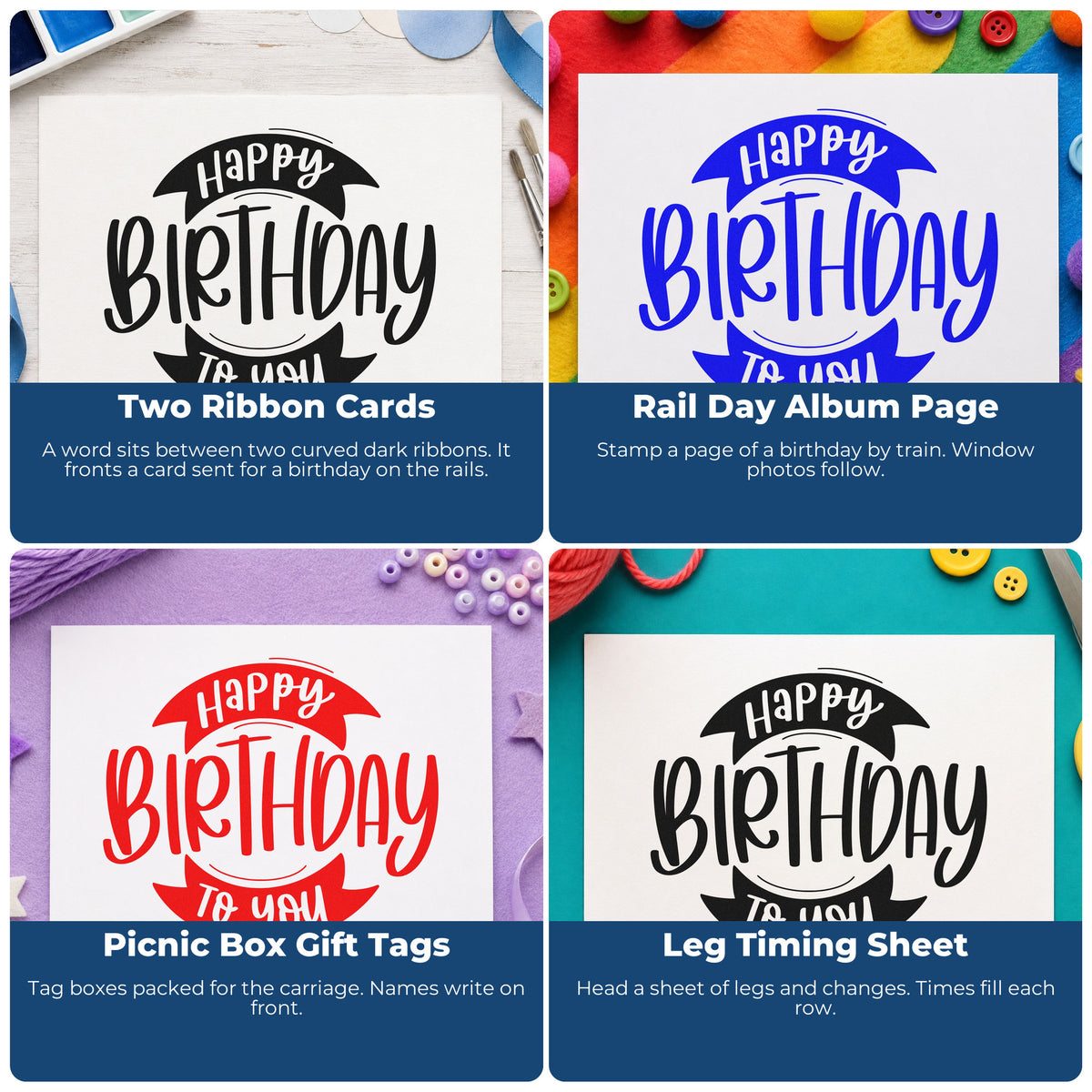 Four ways to use the PSI Pre-Inked Happy Birthday Double Ribbon Lettering Stamp: two ribbon cards, rail day album page, picnic box gift tags and leg timing sheet.